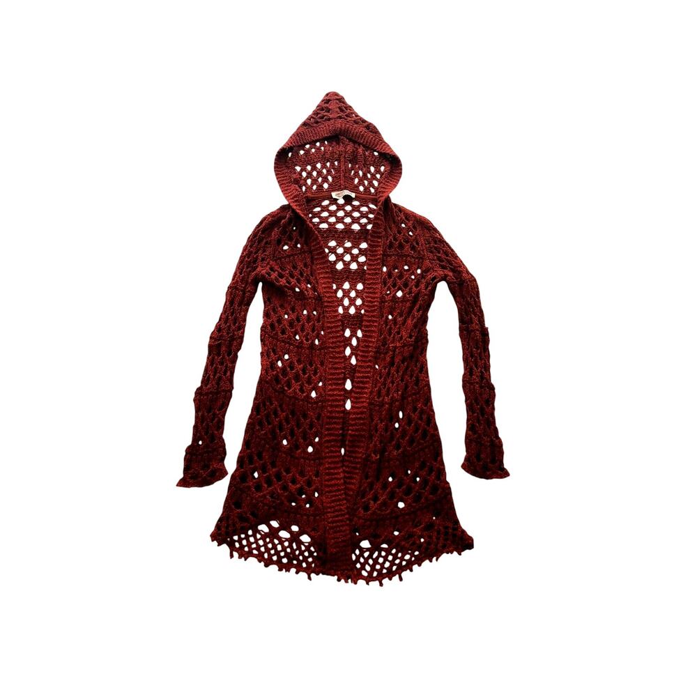 Anthropologie Crochet Duster Red Hood Open Cardigan Boho Fringed Small Oliver